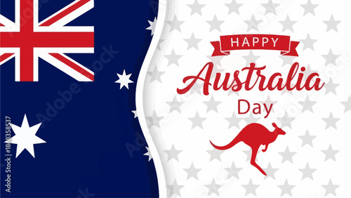 Patriotic illustration featuring the Australian national flag and an iconic kangaroo silhouette on a festive star background, celebrating national spirit