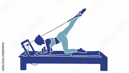 Pilates exercise with resistance band on reformer machine, woman performing dynamic leg extension for fitness