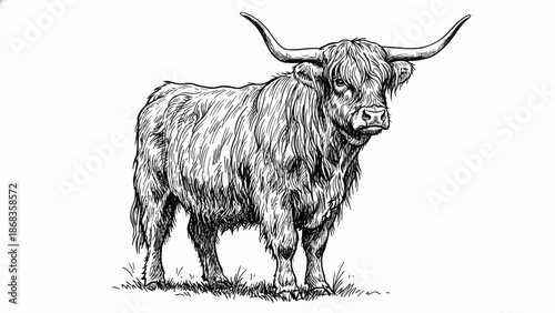 Detailed black and white sketch of a shaggy Highland cow with impressive horns, captured in a traditional ink drawing style standing on a subtle grassy patch, embodying rustic charm and strength