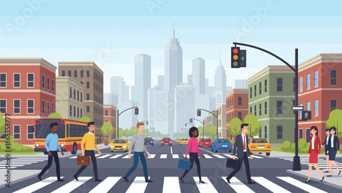 City street with pedestrians crossing at a crosswalk with a bus and traffic lights