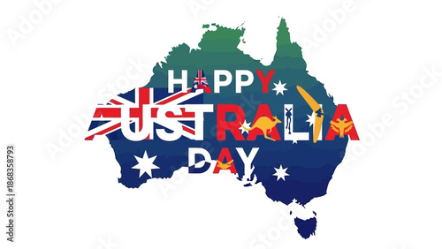 Happy Australia Day patriotic map graphic celebrating national pride with Australian flag elements