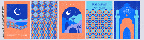 Ramadan colorful cards set. Holy month greetings. Arabic patterns, design elements. 