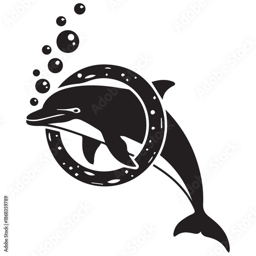 Dolphin jumping through hoop with bubbles rising up
