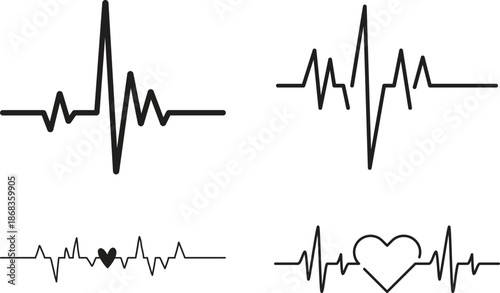 Heart Rhythm Icon set. Electrocardiogram, ECG - EKG signal, Heart Beat pulse line concept design element. Heartbeat line, pulse, cardiogram, medical health care, heart rhythm, red outline vector.