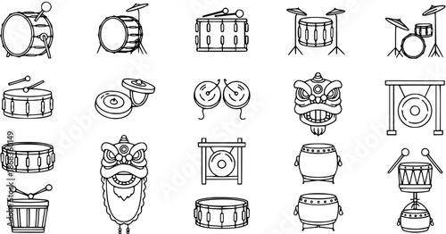 Lunar New Year Drums Gongs Cymbals Lion Dance Heads Outline Icons Set