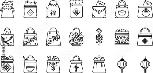 Chinese New Year  Lunar Fortune Traditional Symbols Line Art Icons Set