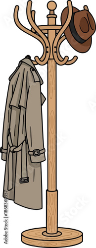 coat rack with hat and jacket.