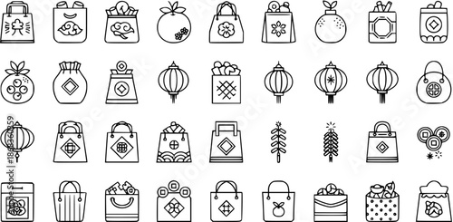Chinese New Year Line Icons Set: Celebration, Gifts, Lanterns, Oranges