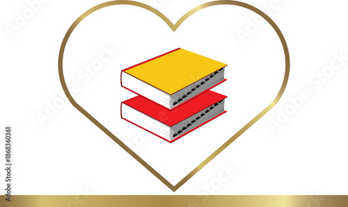 A golden heart shape frames a stack of two books showing love for reading