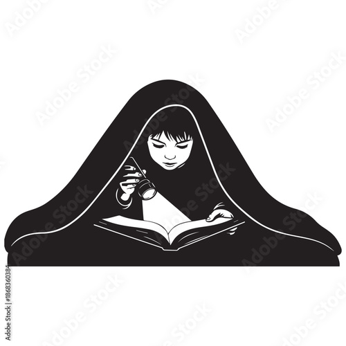 Mysterious woman reading under blanket with flashlight