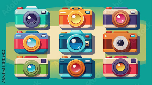 Very beautiful photo camera icons set presenting clear photography symbols in a clean isolated style, ideal for user interfaces, graphic design systems, branding materials, and modern visual communica