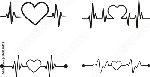 Heart Rhythm Icon set. Electrocardiogram, ECG - EKG signal, Heart Beat pulse line concept design element. Heartbeat line, pulse, cardiogram, medical health care, heart rhythm, red outline vector.
