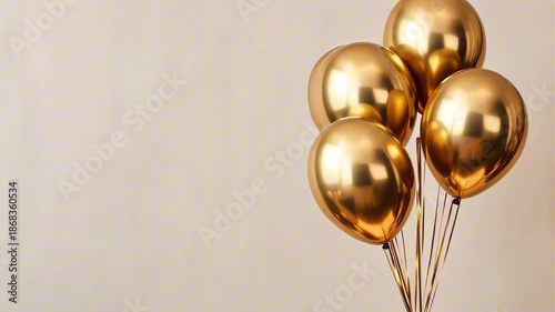 Golden balloons in a cluster, reflecting light with a shiny surface, gradually shifting position against a soft neutral background, showcasing their elegant design and texture