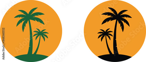 Palm Tree Sunset Logo Illustration in Color and Black Versions, Tropical Island Nature Emblem for Travel, Summer, Beach, and Vacation Design Projects