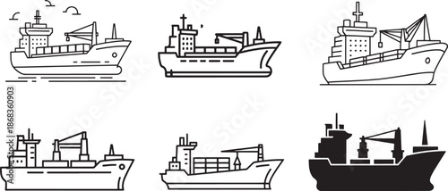 A collection of six shipping vessel icons, featuring various styles from line art to silhouette designs Vector