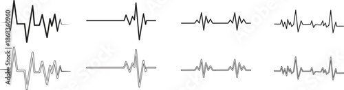 Heart Rhythm Icon set. Electrocardiogram, ECG - EKG signal, Heart Beat pulse line concept design element. Heartbeat line, pulse, cardiogram, medical health care, heart rhythm, red outline vector.