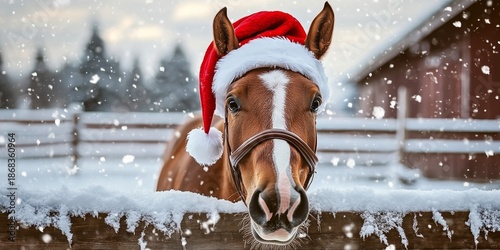 Chestnut Horse Prancing Over a Rustic Wooden Fence, Wearing a Santa Hat in a Winter Wonderland