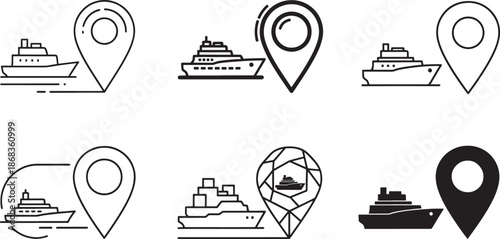 Cruise ship and location pin icon set in six different styles Vector