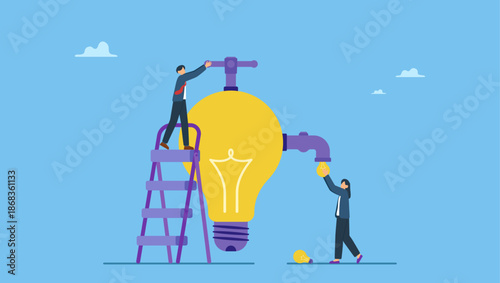 Businessman manager turn lightbulb valve to provide ideas. Inspiration ideas, mentorship or coaching to motivate or guidance business solution, creativity and innovation to help grow business.