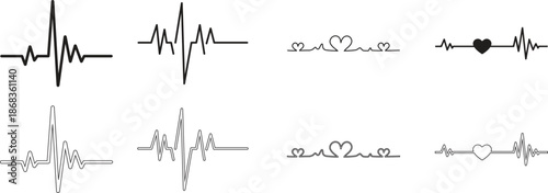 Heart Rhythm Icon set. Electrocardiogram, ECG - EKG signal, Heart Beat pulse line concept design element. Heartbeat line, pulse, cardiogram, medical health care, heart rhythm, red outline vector.
