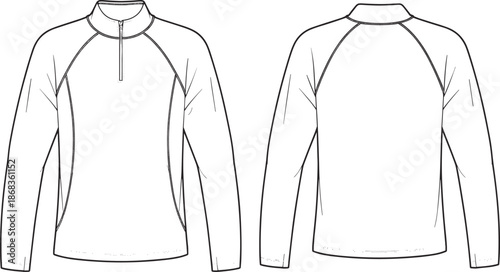 Quarter Zip Technical Fashion Sketch Vector with Raglan Sleeves Long Sleeve Sportswear Pullover Mockup Template Front and Back View Isolated
