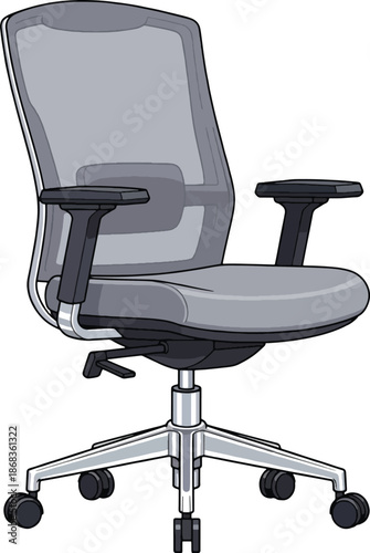 Gray office chair with armrests wheels.