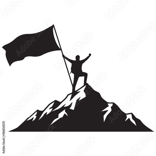 Triumphant person standing on mountain peak waving flag