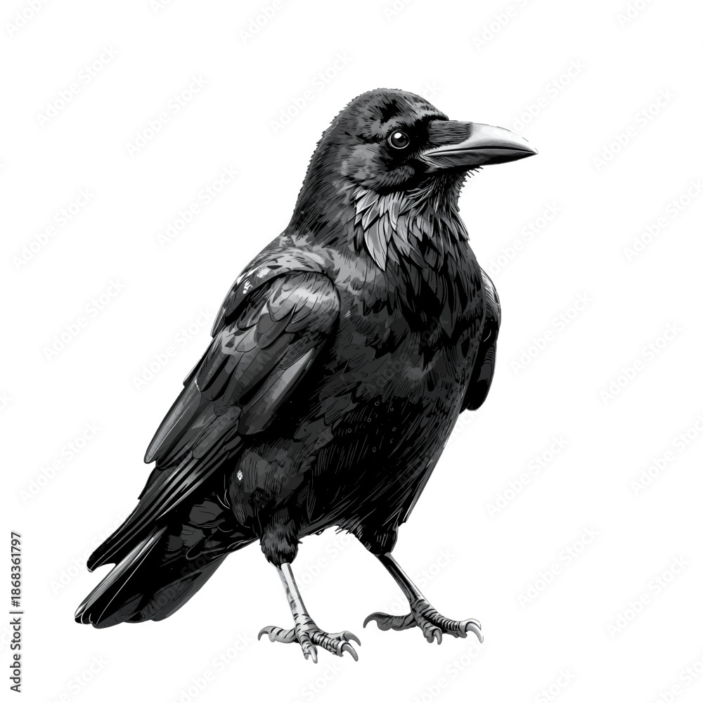 Fototapeta premium Black Raven Standing with Detailed Feathers