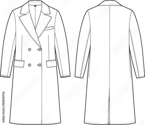 Technical Fashion Sketch Vector Set Featuring Performance Jackets Pullovers Athletic Shorts and Formal Double Breasted Overcoat Templates Front Back View