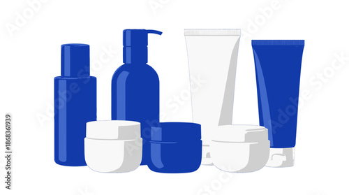Blue and white cosmetic bottles and containers.
