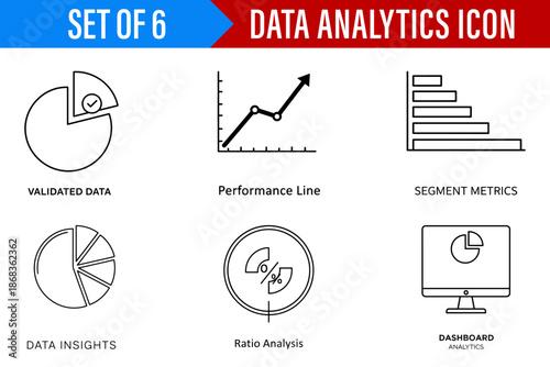 A minimalist and informative icon set for data analytics, perfect for business intelligence presentations and dashboard design elements featuring charts and metrics.