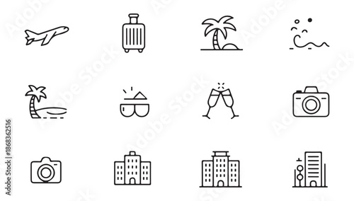 Vacation and travel icons set outline style collection of symbols for holiday trips destination airport luggage