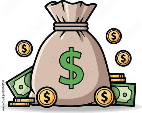 Money bag with dollar coins bills.