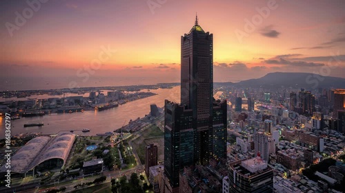 Aerial view of Kaohsiung 85 Sky Tower and Kaohsiung Harbor at sunset, Taiwan cityscape.