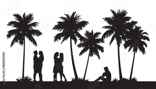 Silhouettes of two couples and lonely woman under tropical palm trees on beach romantic setting