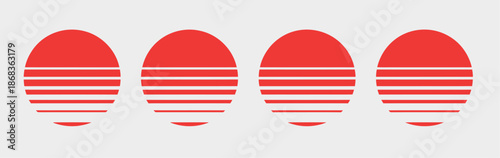 Vintage retro sun circle set featuring sunset and sunrise illustrations in 80s and 90s style, isolated on transparent background, suitable for logos, icons, banners, print and vector projects.