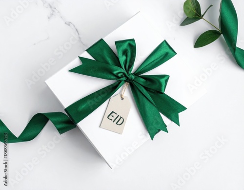 White Gift Box With Green Ribbon And Eid Tag On Marble Surface With Eucalyptus Leaves