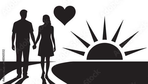 Romantic couple holding hands walking toward sunset with heart symbol vector silhouette illustration for love concept