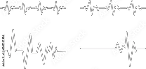 Heart Rhythm Icon set. Electrocardiogram, ECG - EKG signal, Heart Beat pulse line concept design element. Heartbeat line, pulse, cardiogram, medical health care, heart rhythm, red outline vector.