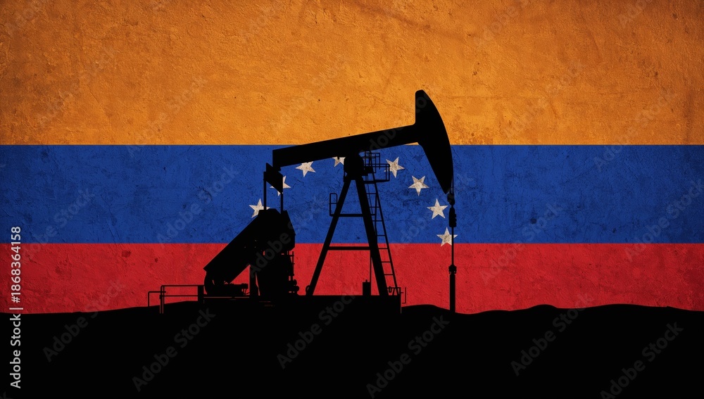 Fototapeta premium Black Oil Rig Icon Isolated on Painted Venezuelan Flag Texture