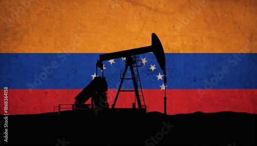 Black Oil Rig Icon Isolated on Painted Venezuelan Flag Texture