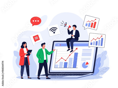 Business people analyzing data on a large computer screen with graphs and charts