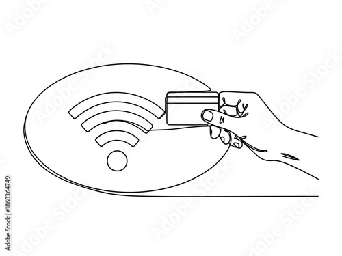 Hand holding credit card near wifi symbol