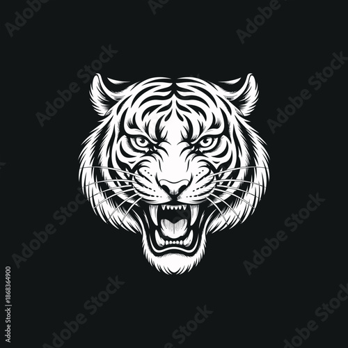 Fierce roaring white tiger head profile illustration on black background