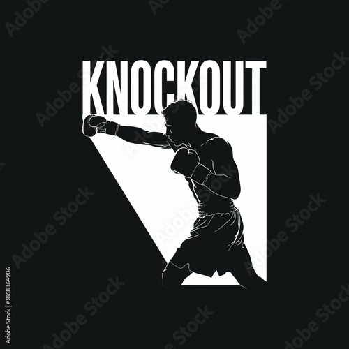 Boxer throwing punch silhouette with knockout typography text on dark background vector illustration