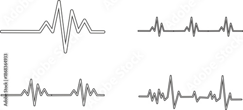 Heart Rhythm Icon set. Electrocardiogram, ECG - EKG signal, Heart Beat pulse line concept design element. Heartbeat line, pulse, cardiogram, medical health care, heart rhythm, red outline vector.
