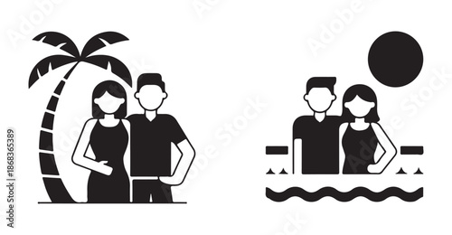 Loving couple standing close together under palm tree and near sea with sun simple black icons
