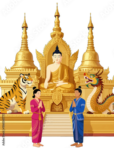 Golden Buddha statue with tiger and dragon sculptures