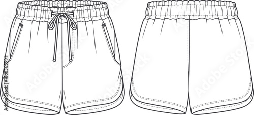 Technical Fashion Sketch Vector Set Featuring Quarter Zip Pullovers Full Zip Hooded Jackets Track Jackets and Athletic Shorts Front Back View