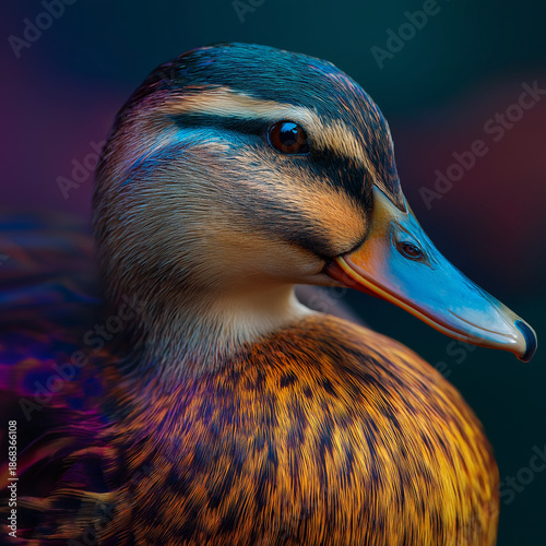 vibrant and photorealistic depiction of a duck gracefully floating on calm water. The scene captures the duck in stunning detail, with its intricate feather patterns and the natural sheen